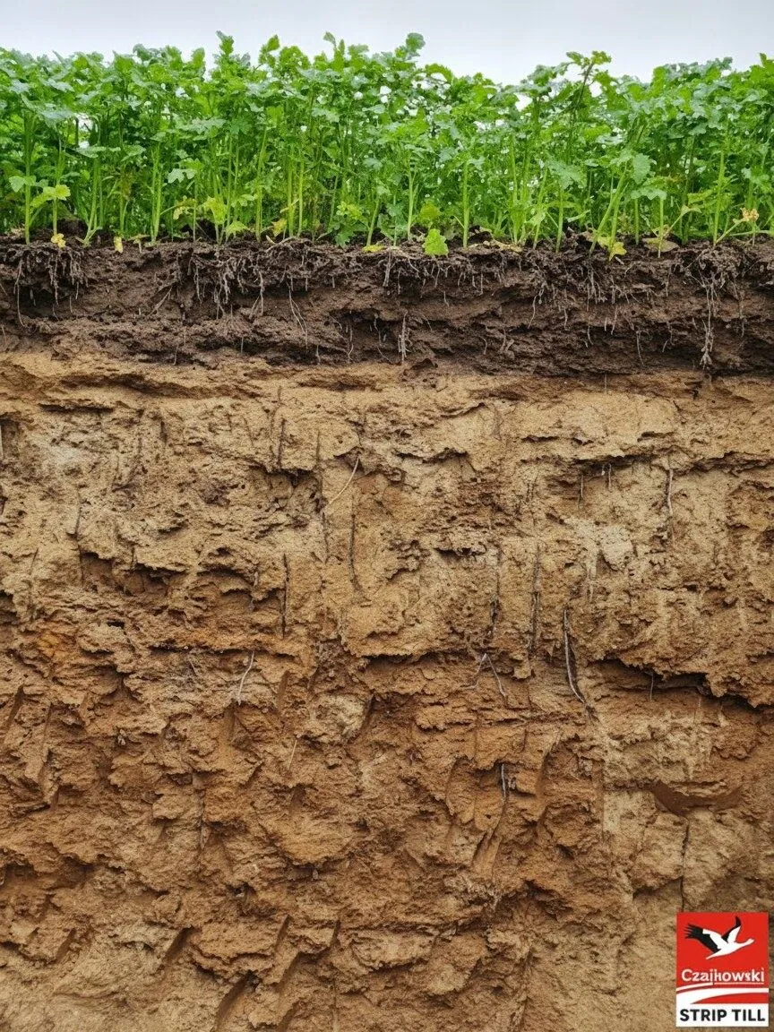 Profil glebowy strip-till Profil glebowy po uprawie pasowej strip-till w tle sekcji z cytatem naukowym