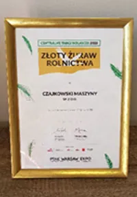 Dyplom Złoty Żuraw Rolnictwa przyznany firmie Czajkowski Maszyny